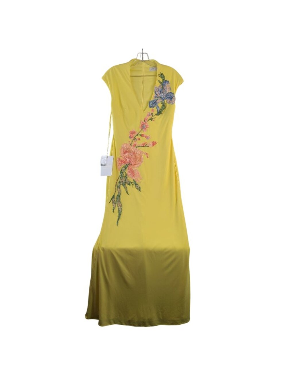 NEW Mac Duggal Yellow Floral Embroidered Gown #13249 V-Neckline Cap Sleeves SZ 6